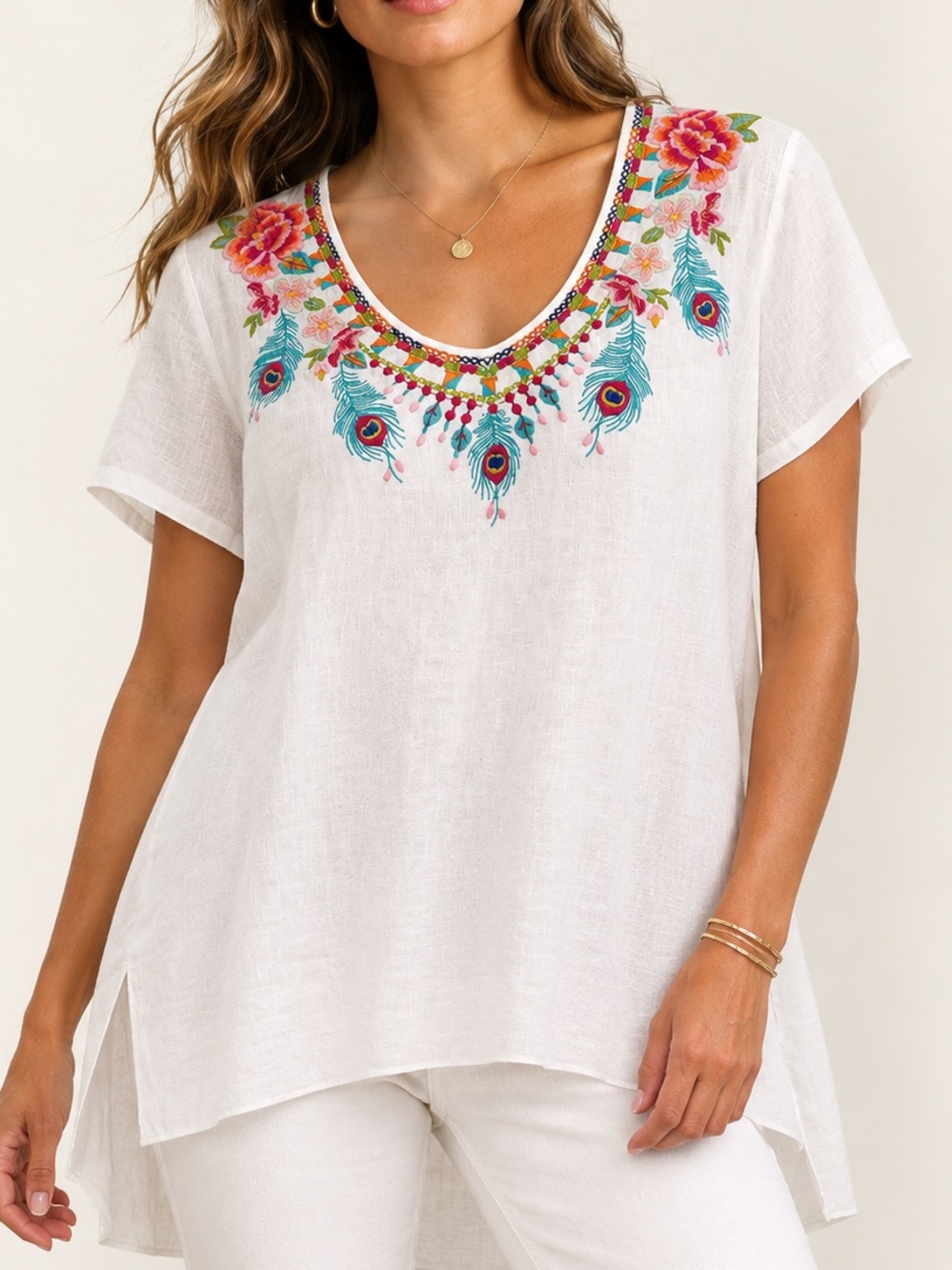 Johnny Was | JW Los Angeles Linen Peacock Embroidered Boho Tunic Top Size M
